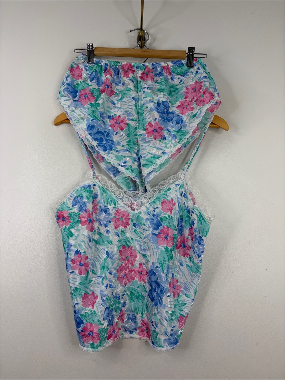 Vintage Lingerie Set Womens Medium Pink Blue Floral Satin Cami High Cut Undies